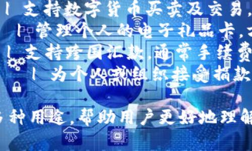 以下是一个关于数字钱包用途分类的表格，涵盖了主要的用途和相应的示例：

| 用途分类       | 示例应用            | 说明                                   |
|--------------|-------------------|--------------------------------------|
| 线上购物       | 亚马逊、京东等      | 用户可以使用数字钱包在线购买商品。           |
| 转账支付       | 微信、支付宝        | 快速将资金从一个账户转移到另一个账户。         |
| 开销管理       | Mint、YNAB        | 帮助用户跟踪支出与预算，提供财务分析。         |
| 提供忠诚计划     | Starbucks, Sephora | 用户消费后可积分，兑换奖励或优惠。            |
| NFC支付       | Apple Pay、Google Pay | 通过手机或其他设备进行非接触式支付。         |
| 订阅服务       | Spotify、Netflix   | 自动扣款订阅服务，无需手动支付。              |
| 加密货币交易   | Binance、Coinbase  | 支持数字货币买卖及交易。                     |
| 礼品卡管理     | GiftCards.com      | 管理个人的电子礼品卡，方便消费。              |
| 国际汇款       | Wise、Remitly      | 支持跨国汇款，通常手续费较低。                |
| 接受捐款       | GoFundMe、Patreon   | 为个人或组织接受捐款和资金支持。              |

这个表格呈现了数字钱包在现代生活中的多种用途，帮助用户更好地理解它们可以在日常生活中提供什么样的便利。